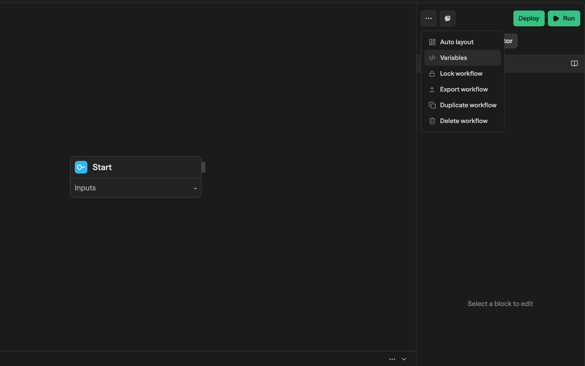 Opening the Variables panel from the toolbar menu