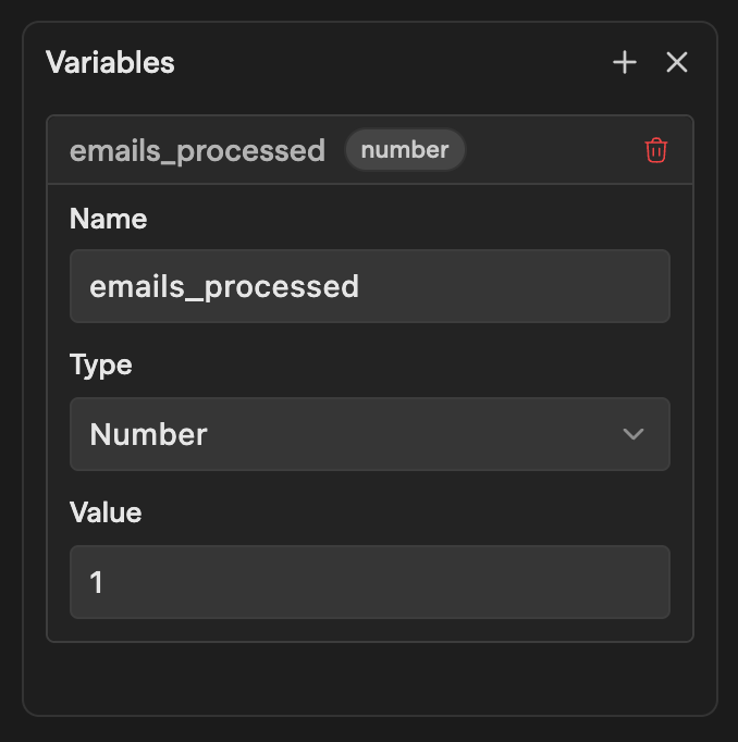 Variables panel with a number variable