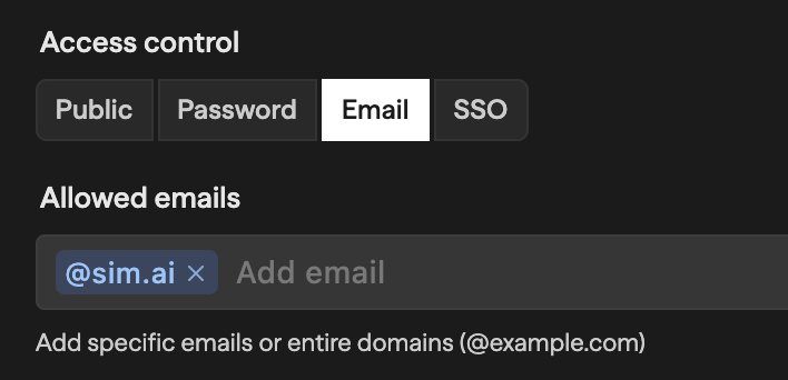 Access control section with Email tab selected, showing an Allowed emails field with @ezyhub.ai domain added