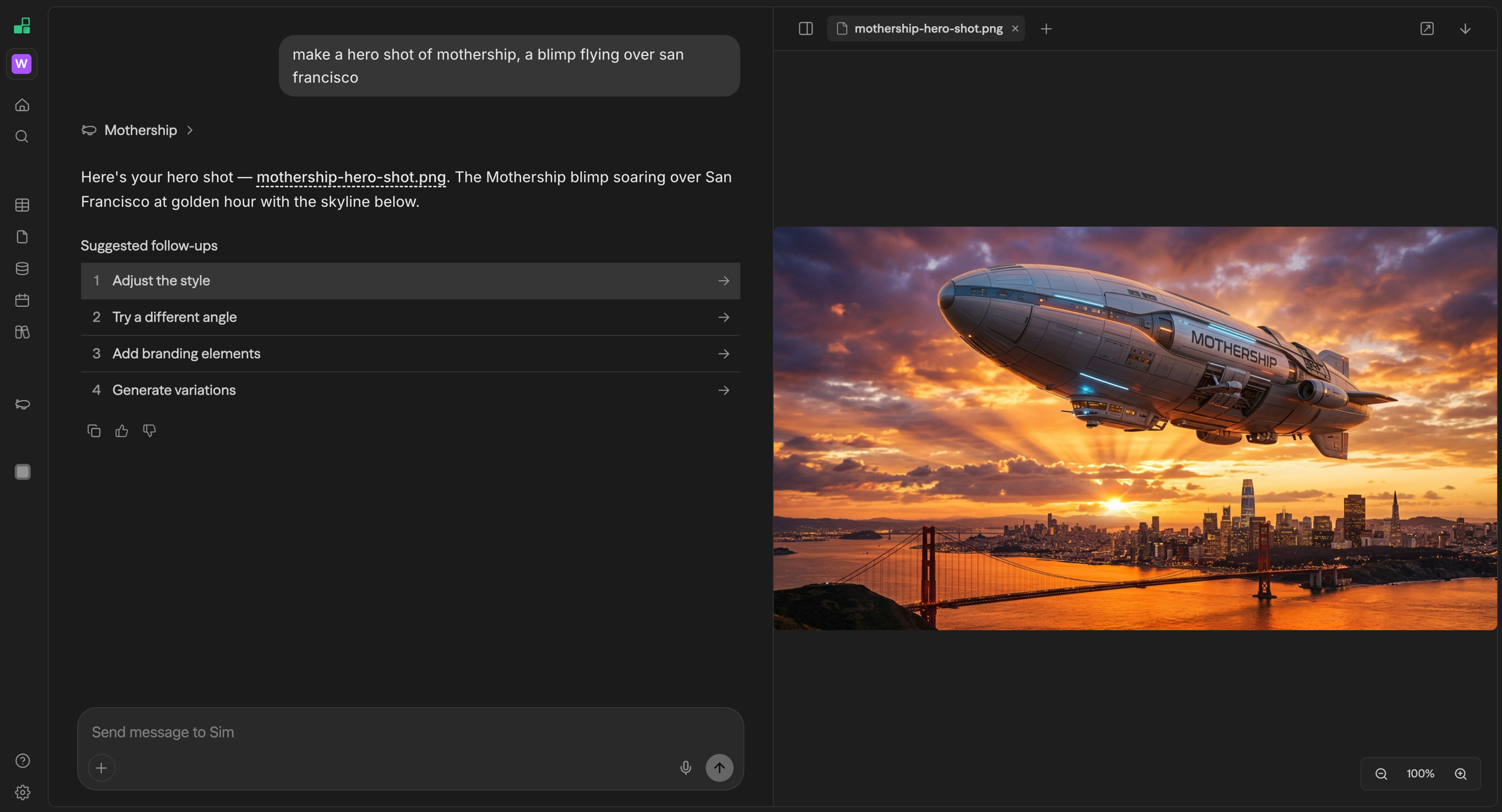 Mothership resource panel showing a generated hero image of a Mothership-branded blimp flying over San Francisco at golden hour, alongside the chat response linking the file