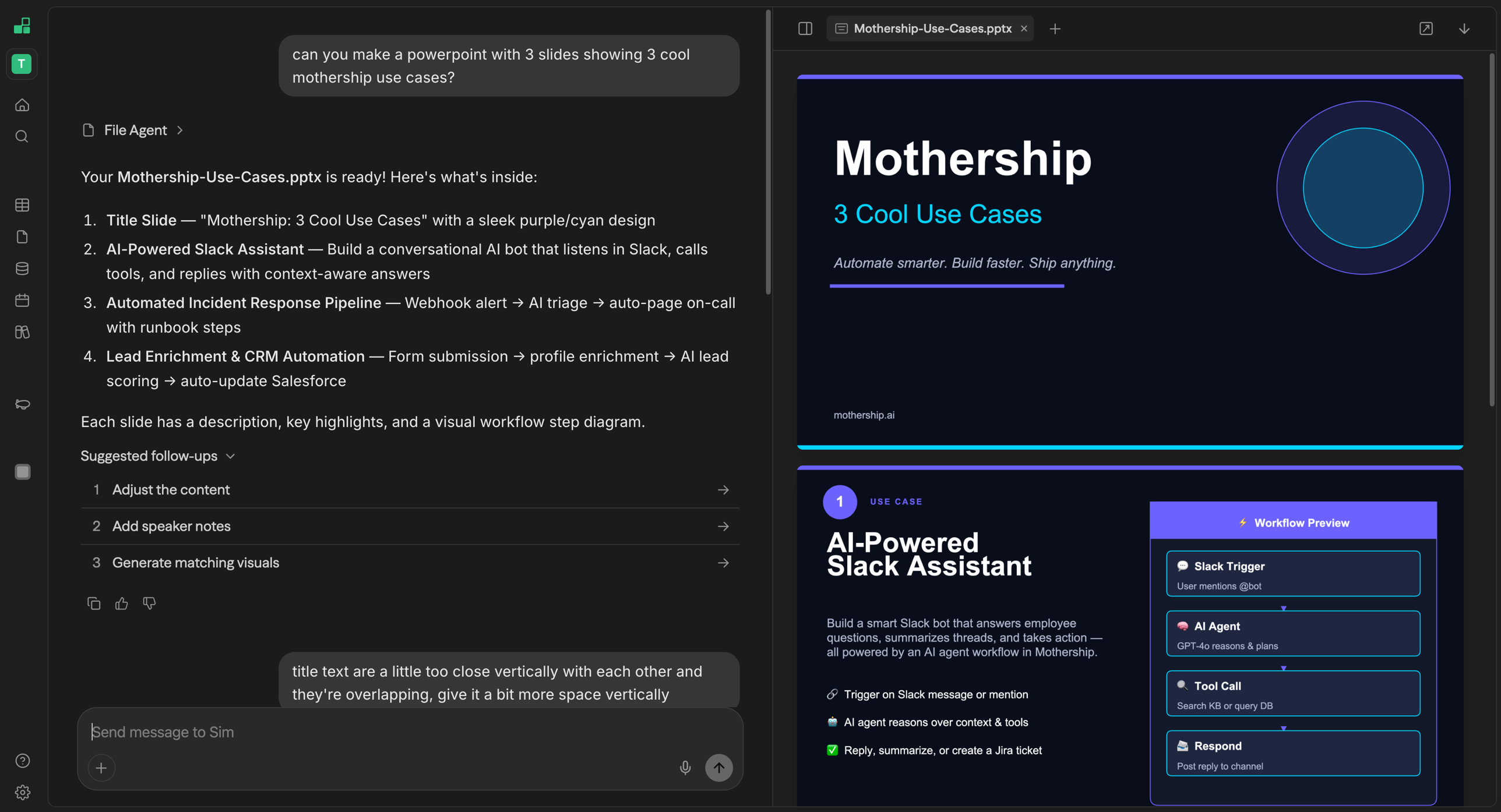 Mothership resource panel showing a generated Mothership-Use-Cases.pptx file open with the title slide and first use case slide visible