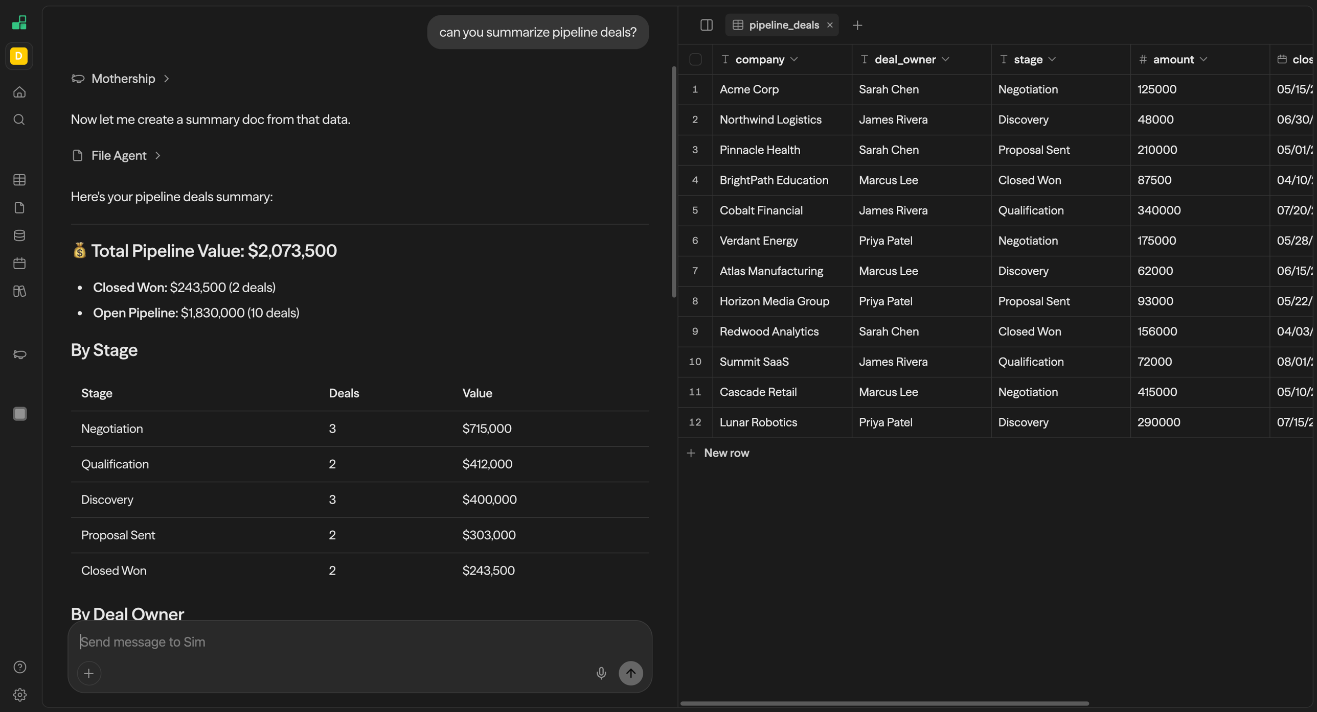Mothership resource panel showing the pipeline_deals table with company, deal_owner, stage, and amount columns, alongside a chat summary of total pipeline value and breakdown by stage