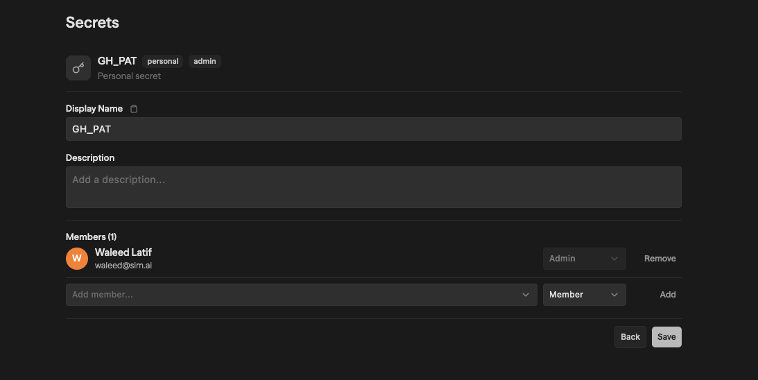 Secret details view showing Display Name, Description, and Members sections